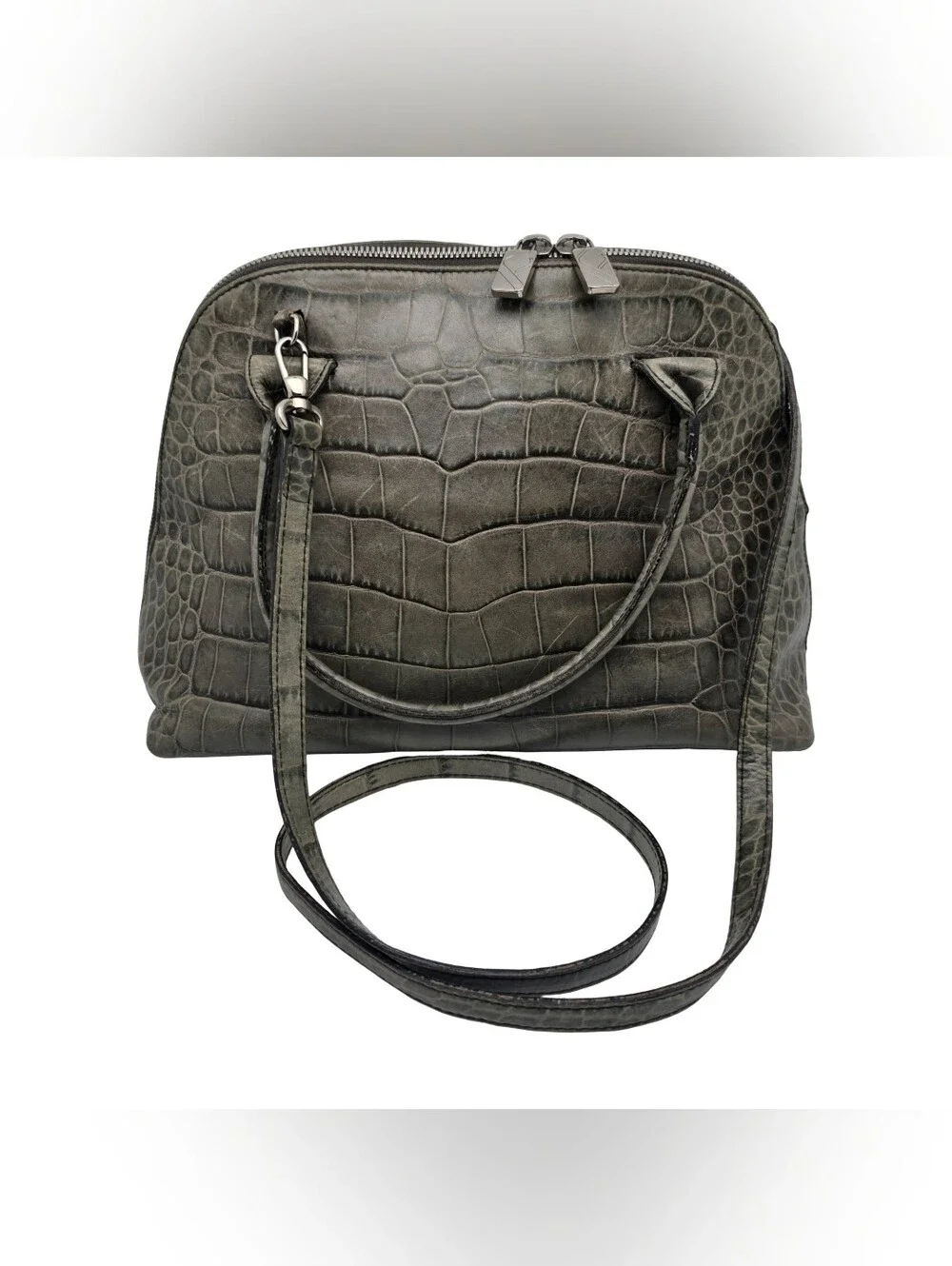 Vintage Furla Crocodile Embossed Green Leather Dome Satchel